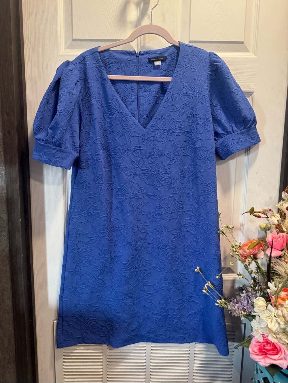 Tommy Hilfiger Blue Floral Jacquard Puff Sleeve V-Neck Sheath Dress Size 14